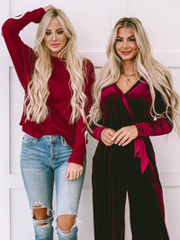 Red Velvet V-Neck Wide Leg Jumpsuit with Waist Tie