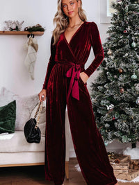 Red Velvet V-Neck Wide Leg Jumpsuit with Waist Tie