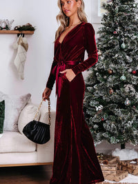 Red Velvet V-Neck Wide Leg Jumpsuit with Waist Tie