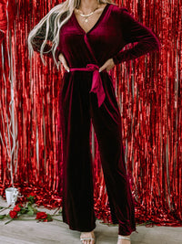 Red Velvet V-Neck Wide Leg Jumpsuit with Waist Tie