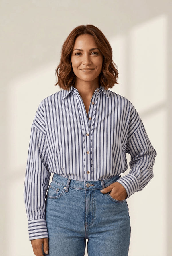 Women's Navy Striped Button-Down Blouse