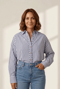Women's Relaxed Navy Striped Button-Down Long Sleeve Blouse