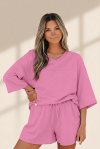 Women's Relaxed V-Neck Bonbon Knit Short Set in Bubblegum