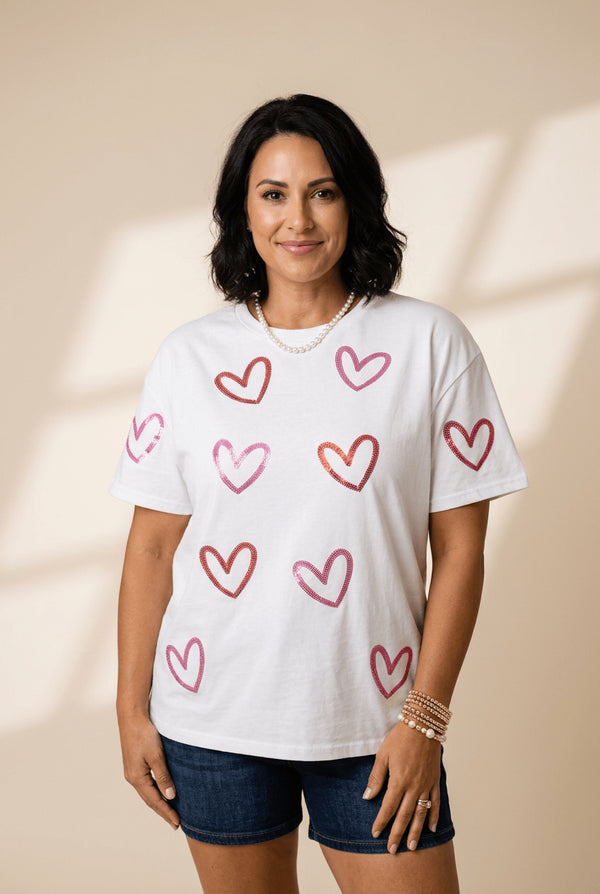 Women's Relaxed White Sequin Heart Graphic Tee
