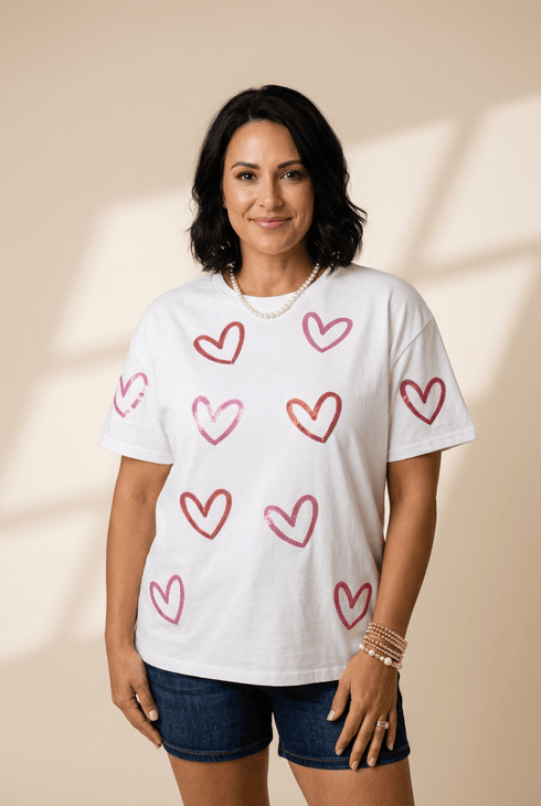 Women's Relaxed White Sequin Heart Graphic Tee