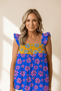 Women's Retro Floral Ruffled Tiered Tank Top in Royal Blue