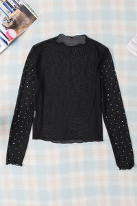 Rhinestone Embellished Black Mesh Party Top