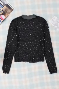 Rhinestone Embellished Black Mesh Party Top