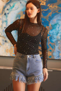Rhinestone Embellished Black Mesh Party Top