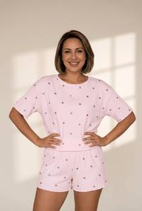 Women's Ribbed Knit Heart Print Lounge Set in Light Pink