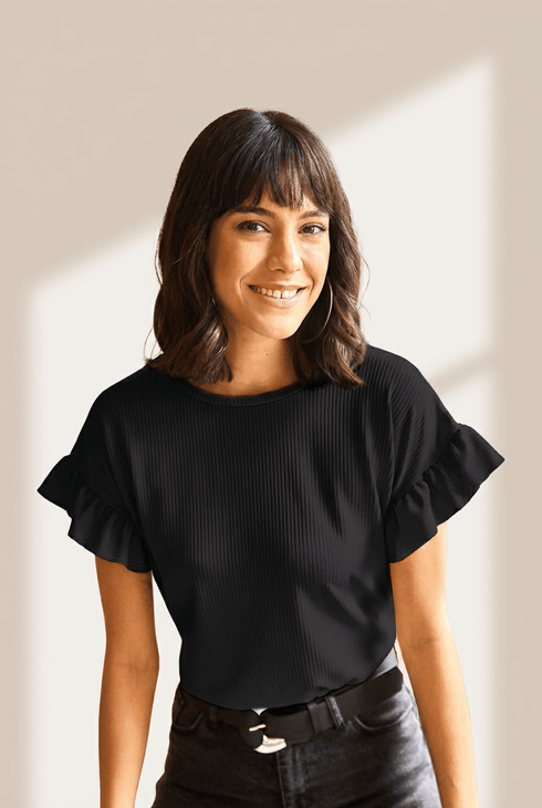 Women's Ribbed Ruffle-Sleeve Knit Tee in Onyx Black