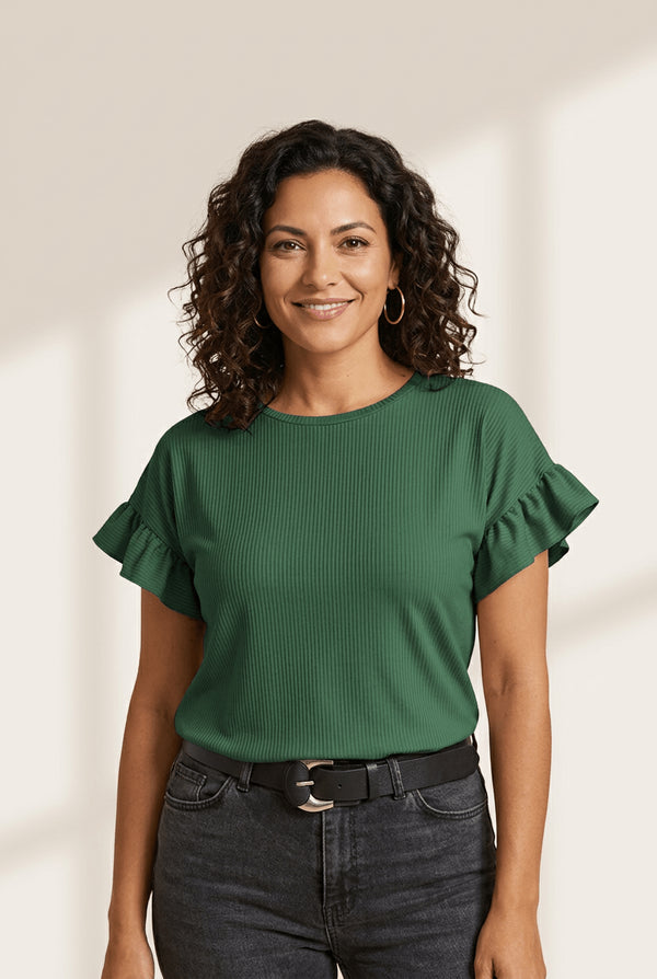 Women's Ribbed Ruffle Sleeve Top in Forest Green Knit
