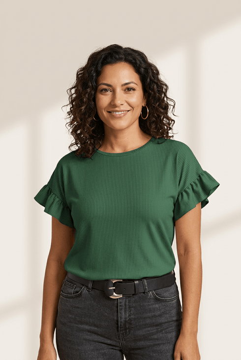 Women's Ribbed Ruffle Sleeve Top in Forest Green Knit