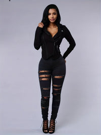 Ripped Mid Waist High-Stretch Skinny Retro Denim Jeans