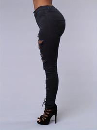 Ripped Mid Waist High-Stretch Skinny Retro Denim Jeans