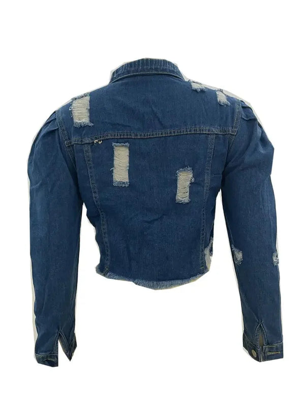 Women's Ripped Raw Hem Puff Sleeve Cropped Denim Jean Jacket