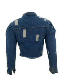 Women's Ripped Raw Hem Puff Sleeve Cropped Denim Jacket