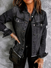 Ripped Single-Breasted Flap Pockets Raw Hem Long Sleeve Denim Coat
