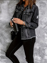 Ripped Single-Breasted Flap Pockets Raw Hem Long Sleeve Denim Coat