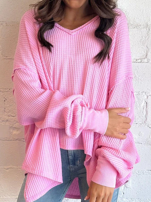 Romantic Bonbon Waffle Knit Exposed Seam High Low Blouse