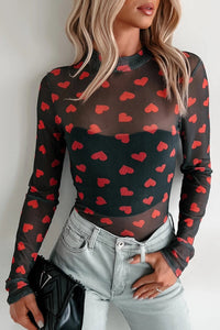 Women's Heart Print Sheer Mesh Mock Neck Long Sleeve Top