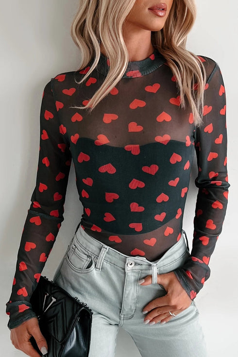 Women's Heart Print Sheer Mesh Mock Neck Long Sleeve Top