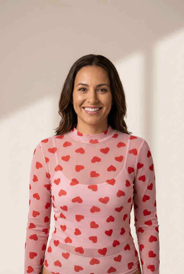 Women's Romantic Women's Pink Sheer Mesh Long Sleeve Top with Heart Print - Perfect for Valentine's Day and Date Nights