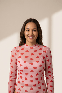 Women's Romantic Women's Pink Sheer Mesh Long Sleeve Top with Heart Print - Perfect for Valentine's Day and Date Nights
