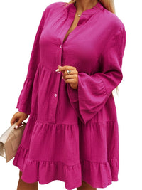 Rose Crinkled Tiered Split Neck Shirt Dress - Elegant Pink Cotton & Linen Mini Dress