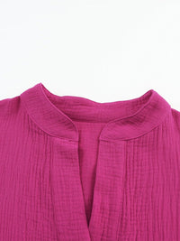 Rose Crinkled Tiered Split Neck Shirt Dress - Elegant Pink Cotton & Linen Mini Dress