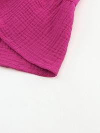 Rose Crinkled Tiered Split Neck Shirt Dress - Elegant Pink Cotton & Linen Mini Dress