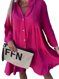 Rose Crinkled Tiered Split Neck Shirt Dress - Elegant Pink Cotton & Linen Mini Dress