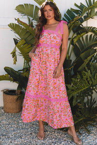 Women's Rose Floral Viscose Maxi Dress with Lace Trim Details