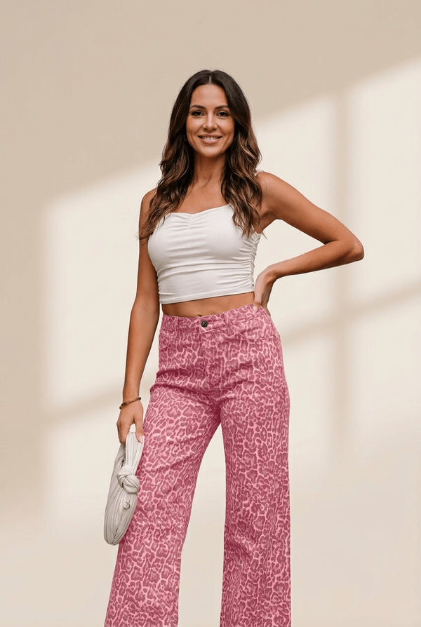 Women's Rose Leopard High-Waisted Wide Leg Jeans