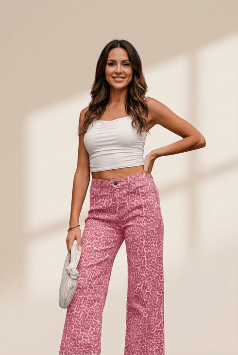 Women's Rose Leopard High-Waisted Wide Leg Jeans