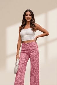 Women's Rose Leopard High-Waisted Wide Leg Jeans