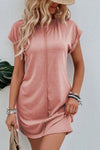 Rose Pink Crew Neck Tee Dress with Center Seam and Rolled Cuffs
