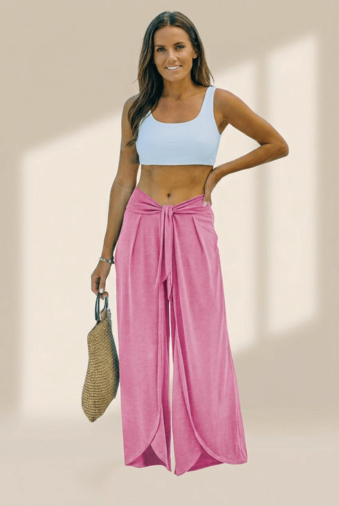 Women's Rose Pink Petal Hem Wide Leg Viscose Blend Resort Pants