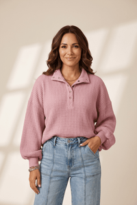 Women's Rose Quartz Waffle Knit Henley with Balloon Sleeves