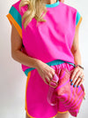 Rose Red Colorblock Cap Sleeve Tee and Shorts Set