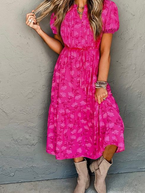 Rose Red Floral Pleated Drawstring Midi Dress with Puff Sleeves