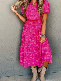 Rose Red Floral Pleated Drawstring Midi Dress with Puff Sleeves