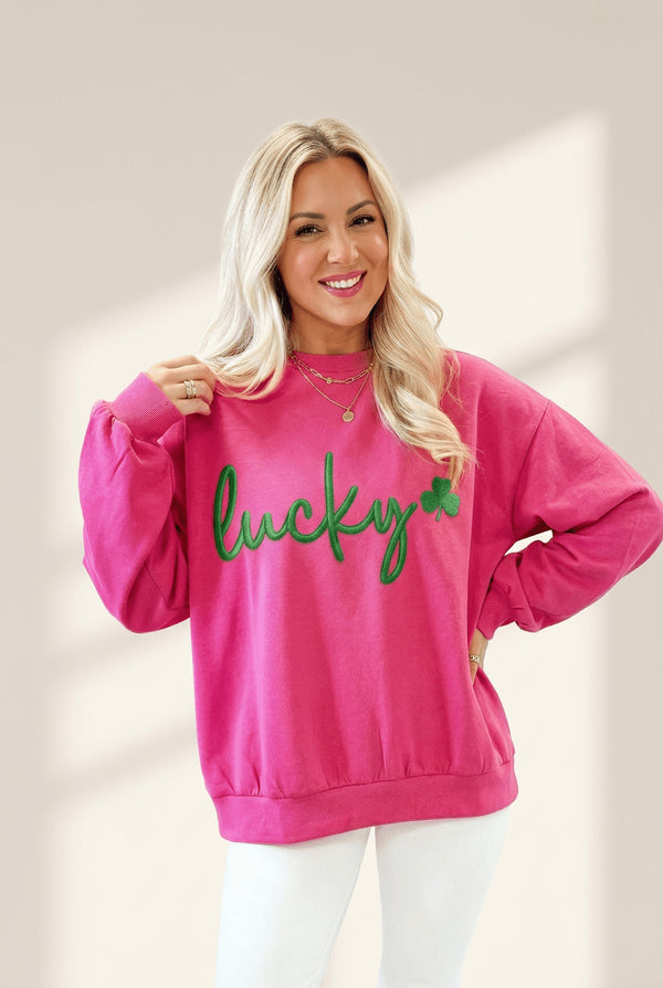 Women's Rose Red Lucky Clover Embroidered Loose Fit Sweatshirt