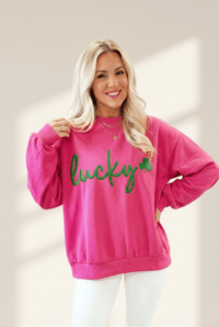 Women's Rose Red Lucky Clover Embroidered Loose Fit Sweatshirt
