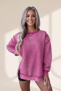 Women's Rose Red Mineral Wash Sweatshirt with Exposed Seams