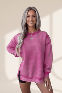 Women's Rose Red Mineral Wash Sweatshirt with Exposed Seams