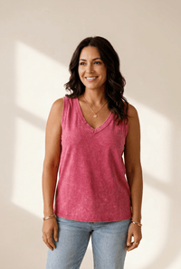 
Women's Rose Red Mineral Wash V-Neck Cotton Tank Top