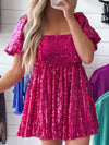 Rose Red Sequin Babydoll Romper with Puff Sleeves