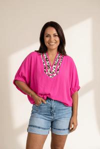 Rose Red V-Neck Blouse with Leopard Trim & Dolman Sleeves