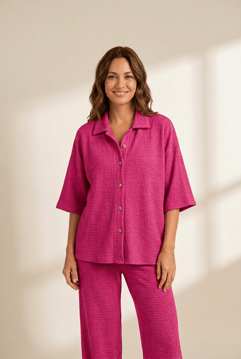 Rose Red Waffle-Knit Button-Up & Wide-Leg Pant Set